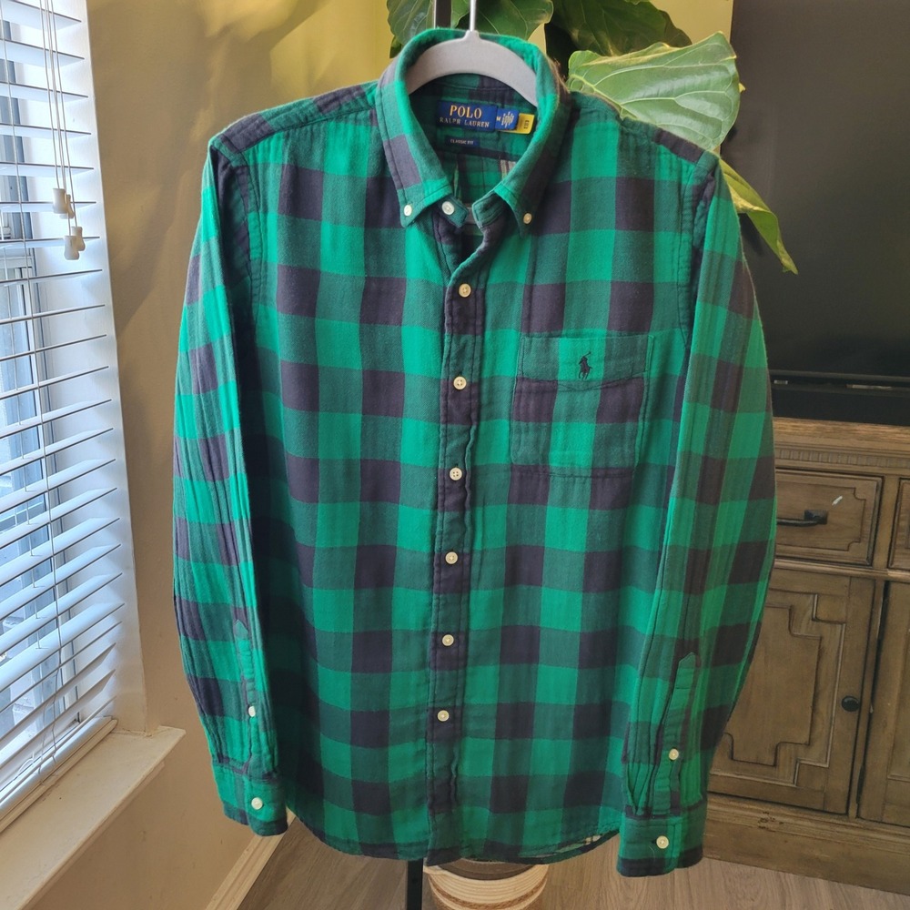 Polo Ralph Lauren Mens Classic Fit Buffalo Plaid Flannel Shirt Green Black M